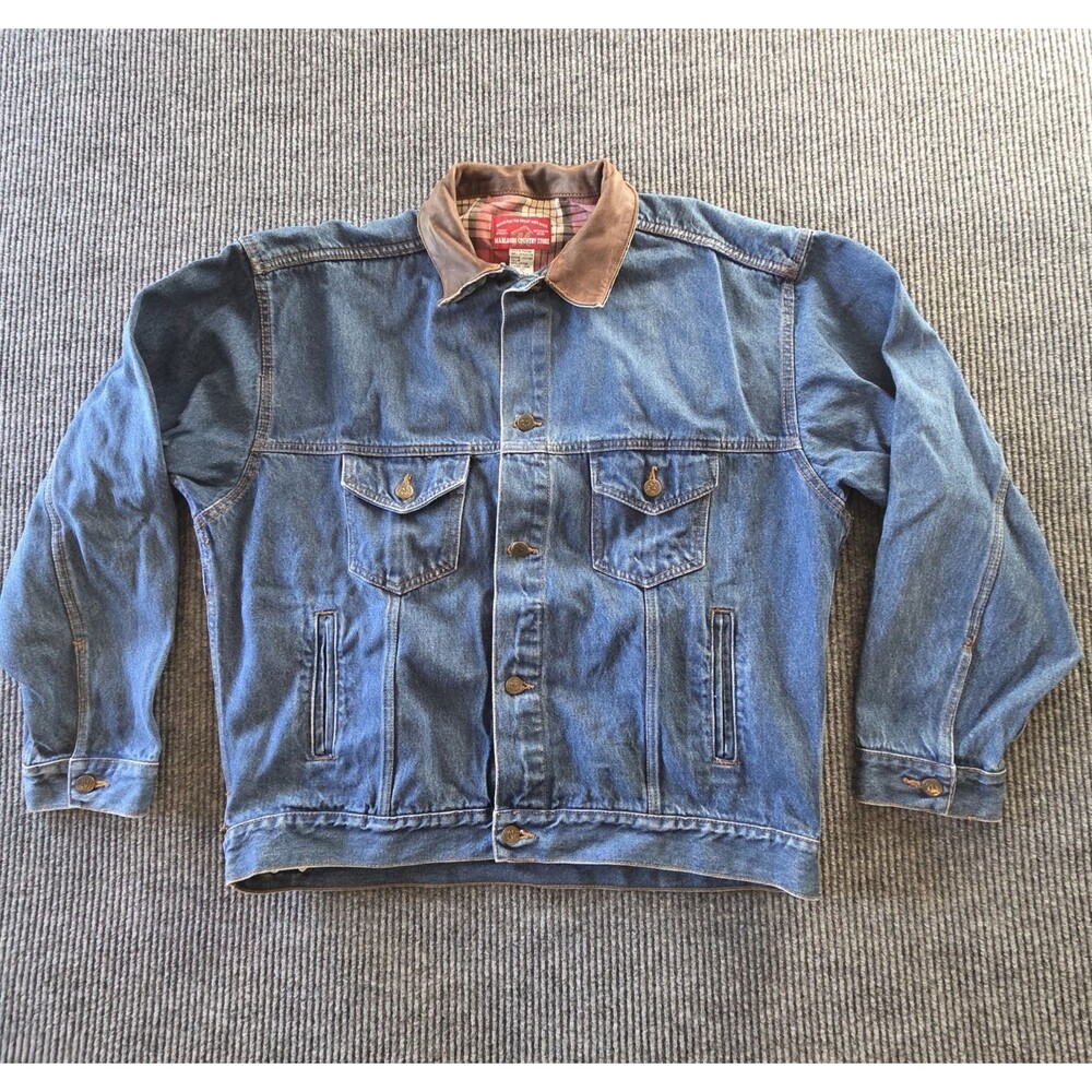Vintage Marlboro Country Store Denim Jean Jacket Leather Collar Size XL 90s